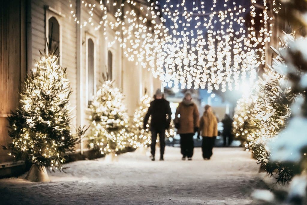 Kävijöitä joulukuusien ja jouluvalojen reunustamalla kujalla